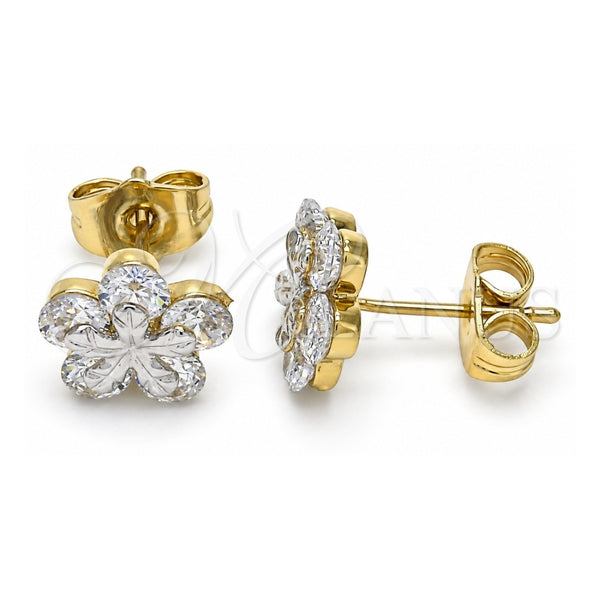 Oro Laminado Stud Earring, Gold Filled Style Flower Design, with White Cubic Zirconia, Polished, Two Tone, 02.210.0239