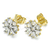 Oro Laminado Stud Earring, Gold Filled Style Flower Design, with White Cubic Zirconia, Polished, Two Tone, 02.210.0240