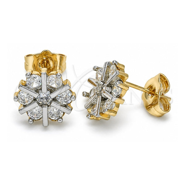 Oro Laminado Stud Earring, Gold Filled Style Flower Design, with White Cubic Zirconia, Polished, Two Tone, 02.210.0240