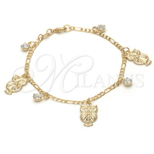 Gold Filled Bracelet — Charm Bracelet Owl and Figaro Design with White — main product view — SKU 124400 | Oro Laminado brazalete — Charm Bracelet Owl and Figaro diseño with blanco — SKU 124400