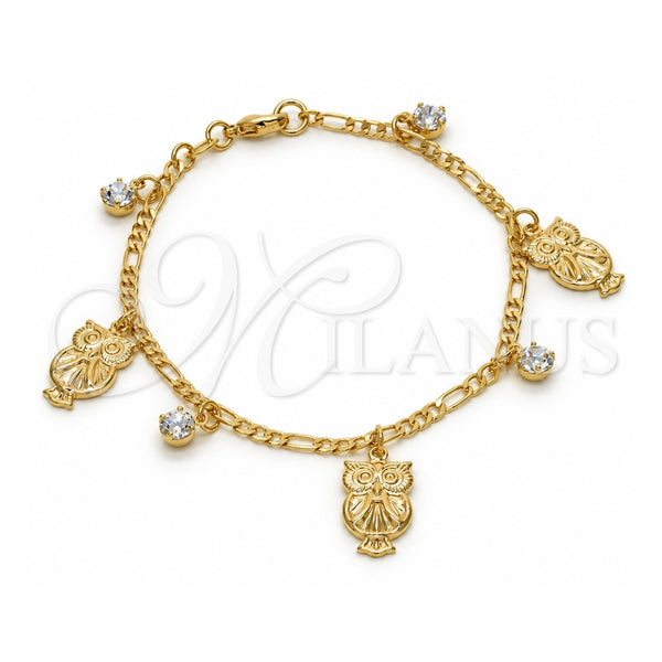 Oro Laminado Charm Bracelet, Gold Filled Style Owl and Figaro Design, with White Crystal, Polished, Golden Finish, 03.32.0140.07 (7 Inches Length)