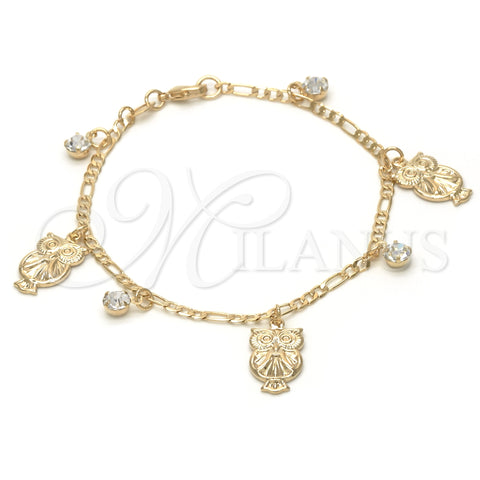Oro Laminado Charm Bracelet, Gold Filled Style Owl and Figaro Design, with White Crystal, Polished, Golden Finish, 03.32.0140.07 (7 Inches Length)