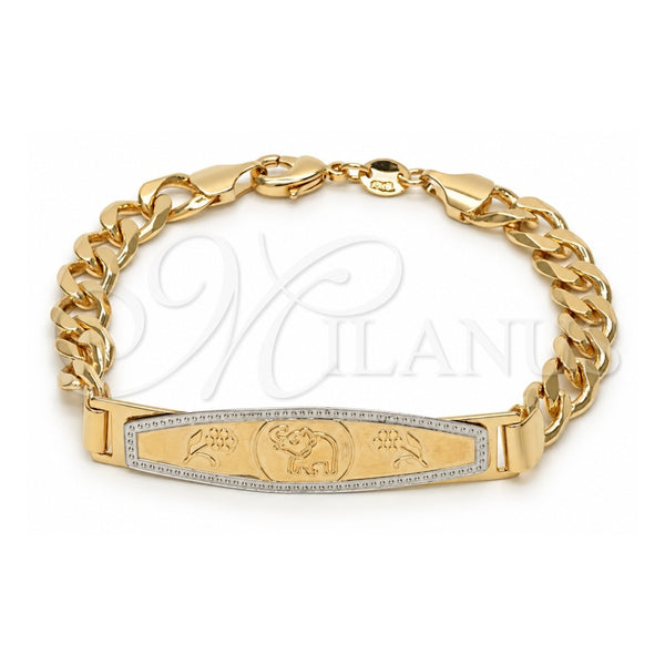 Oro Laminado ID Bracelet, Gold Filled Style Elephant and Miami Cuban Design, Polished, Golden Finish, 03.32.0141.01 (7 Inches Length)