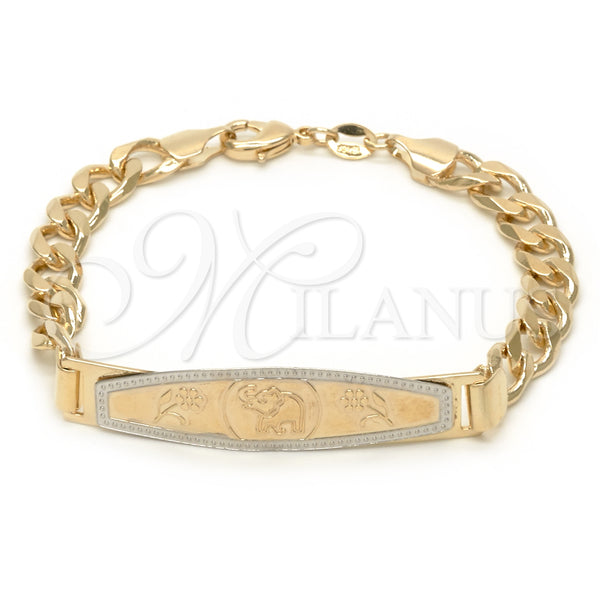 Oro Laminado ID Bracelet, Gold Filled Style Elephant and Miami Cuban Design, Polished, Golden Finish, 03.32.0141.01 (7 Inches Length)