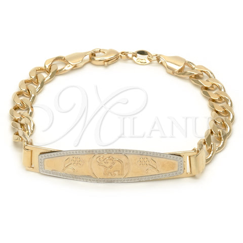 Oro Laminado ID Bracelet, Gold Filled Style Elephant and Miami Cuban Design, Polished, Golden Finish, 03.32.0141.01 (7 Inches Length)