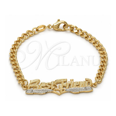 Oro Laminado ID Bracelet, Gold Filled Style Heart and Curb Design, Polished, Golden Finish, 03.32.0143.07 (7 Inches Length)