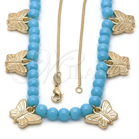Oro Laminado Pendant Necklace, Gold Filled Style Butterfly and Rat Tail Design, Blue Resin Finish, Golden Finish, 04.32.0008.5.18 (18 Inches Length)