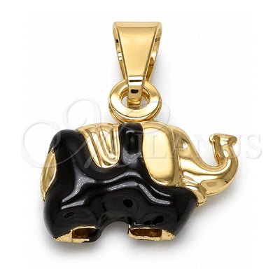 Oro Laminado Fancy Pendant, Gold Filled Style Elephant Design, Black Enamel Finish, Golden Finish, 05.32.0062.1
