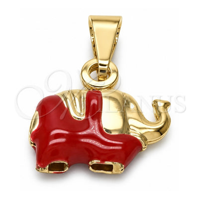Oro Laminado Fancy Pendant, Gold Filled Style Elephant Design, Red Enamel Finish, Golden Finish, 05.32.0062.2