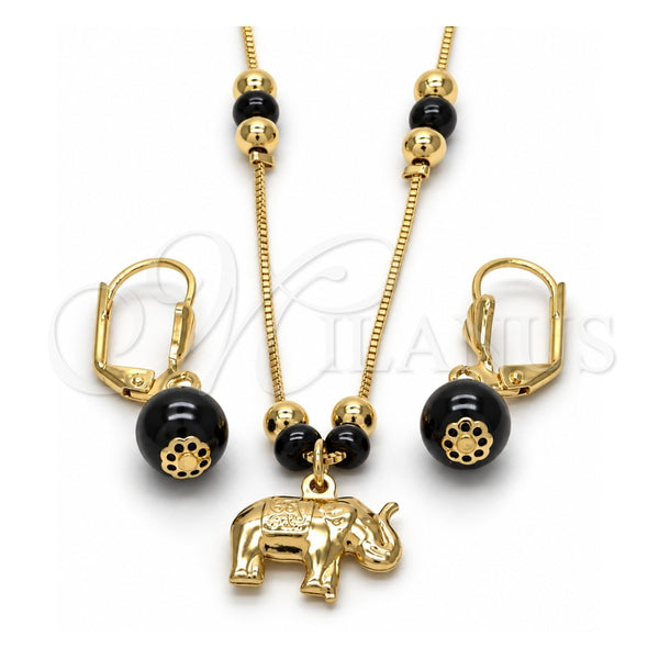Oro Laminado Earring and Pendant Adult Set, Gold Filled Style Elephant and Rat Tail Design, with Black Azavache, Polished, Golden Finish, 10.32.0013.18