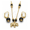 Oro Laminado Earring and Pendant Adult Set, Gold Filled Style Elephant and Rat Tail Design, with Black Azavache, Polished, Golden Finish, 10.32.0013.18