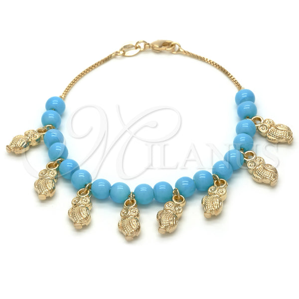 Oro Laminado Charm Bracelet, Gold Filled Style Owl and Ball Design, with Turquoise Opal, Polished, Golden Finish, 03.32.0123.07 (7 Inches Length)