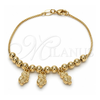 Oro Laminado Charm Bracelet, Gold Filled Style Owl and Ball Design, Polished, Golden Finish, 03.32.0129.07 (7 Inches Length)