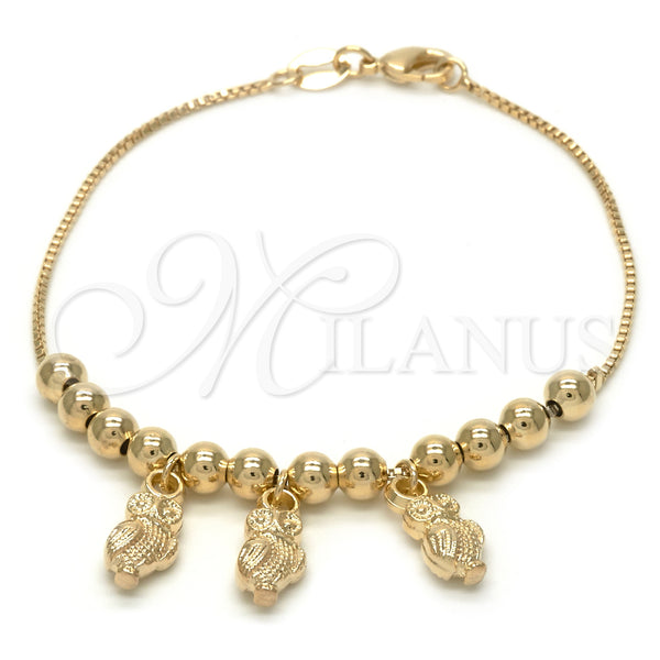Oro Laminado Charm Bracelet, Gold Filled Style Owl and Ball Design, Polished, Golden Finish, 03.32.0129.07 (7 Inches Length)