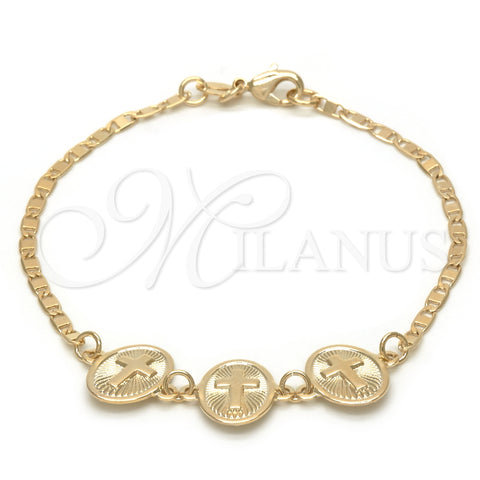 Oro Laminado Fancy Bracelet, Gold Filled Style Cross and Mariner Design, Polished, Golden Finish, 03.32.0132.07 (7 Inches Length)
