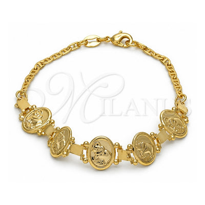 Oro Laminado Fancy Bracelet, Gold Filled Style Elephant and Mariner Design, Polished, Golden Finish, 03.32.0138.1.07 (7 Inches Length)