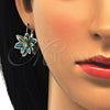 Oro Laminado Earring and Pendant Adult Set, Gold Filled Style Flower Design, with Turquoise and White Crystal, Polished, Golden Finish, 10.64.0157