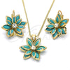 Oro Laminado Earring and Pendant Adult Set, Gold Filled Style Flower Design, with Turquoise and White Crystal, Polished, Golden Finish, 10.64.0157
