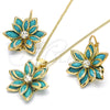 Oro Laminado Earring and Pendant Adult Set, Gold Filled Style Flower Design, with Turquoise and White Crystal, Polished, Golden Finish, 10.64.0157