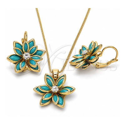 Oro Laminado Earring and Pendant Adult Set, Gold Filled Style Flower Design, with Turquoise and White Crystal, Polished, Golden Finish, 10.64.0157