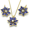 Oro Laminado Earring and Pendant Adult Set, Gold Filled Style Flower Design, with Sapphire Blue and White Crystal, Polished, Golden Finish, 10.64.0157.1