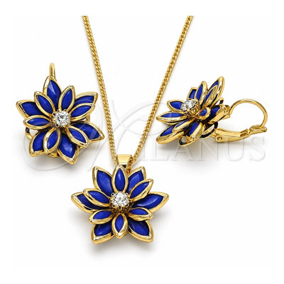 Oro Laminado Earring and Pendant Adult Set, Gold Filled Style Flower Design, with Sapphire Blue and White Crystal, Polished, Golden Finish, 10.64.0157.1