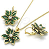 Oro Laminado Earring and Pendant Adult Set, Gold Filled Style Flower Design, with Green and White Cubic Zirconia, Polished, Golden Finish, 10.64.0157.3