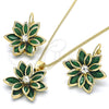 Oro Laminado Earring and Pendant Adult Set, Gold Filled Style Flower Design, with Green and White Cubic Zirconia, Polished, Golden Finish, 10.64.0157.3