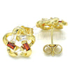 Oro Laminado Stud Earring, Gold Filled Style Flower Design, with Garnet and White Cubic Zirconia, Polished, Golden Finish, 02.210.0101.4