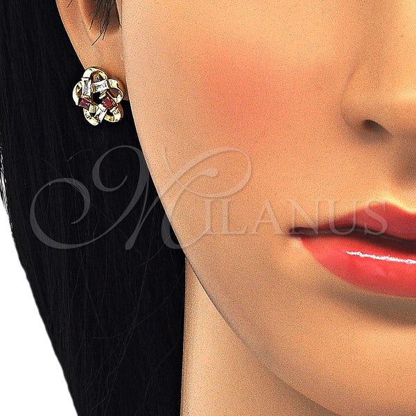 Gold Filled Ring — Stud Earring Flower and Baguette Design with Garnet — alternate product view — SKU 124512 | Oro Laminado anillo — Stud Earring flor and Baguette diseño with Garnet — SKU 124512