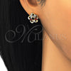 Oro Laminado Stud Earring, Gold Filled Style Flower and Baguette Design, with Garnet and White Cubic Zirconia, Polished, Golden Finish, 02.210.0101.4