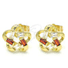 Oro Laminado Stud Earring, Gold Filled Style Flower and Baguette Design, with Garnet and White Cubic Zirconia, Polished, Golden Finish, 02.210.0101.4