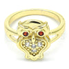 Oro Laminado Multi Stone Ring, Gold Filled Style Owl Design, with Garnet and White Cubic Zirconia, Polished, Golden Finish, 01.210.0078.07 (Size 7)
