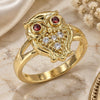 Oro Laminado Multi Stone Ring, Gold Filled Style Owl Design, with Garnet and White Cubic Zirconia, Polished, Golden Finish, 01.210.0078.07 (Size 7)