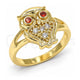 Oro Laminado Multi Stone Ring, Gold Filled Style Owl Design, with Garnet and White Cubic Zirconia, Polished, Golden Finish, 01.210.0078.07 (Size 7)