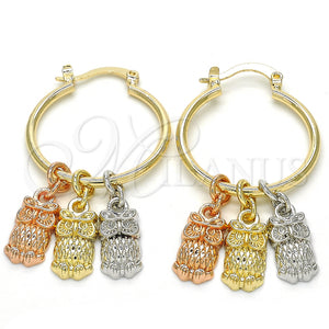 Gold Filled Hoop Earrings — Small Hoop Owl Design Polished Tricolor 02.63. — main product view — SKU 124575 | Oro Laminado aretes de aro — Small Hoop Owl diseño pulido Tricolor 02.63. — SKU 124575