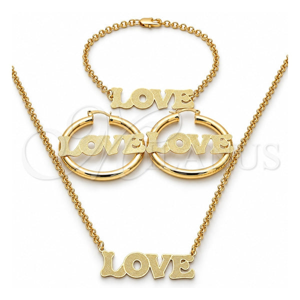 Oro Laminado Necklace, Bracelet and Earring, Gold Filled Style Love Design, Polished, Golden Finish, 06.63.0246