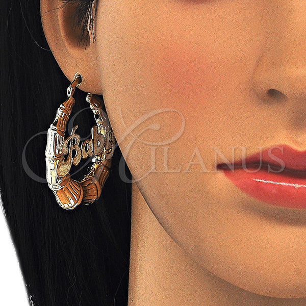 Oro Laminado Medium Hoop, Gold Filled Style Nameplate and Bamboo Design, Polished, Golden Finish, 02.63.2653.40
