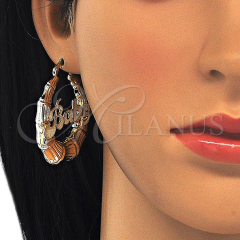 Oro Laminado Medium Hoop, Gold Filled Style Nameplate and Bamboo Design, Polished, Golden Finish, 02.63.2653.40