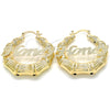 Oro Laminado Medium Hoop, Gold Filled Style Nameplate and Bamboo Design, Polished, Golden Finish, 02.63.2656.40