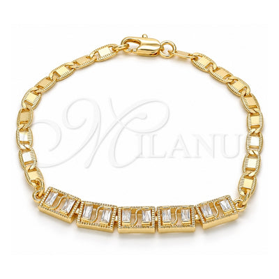 Oro Laminado Fancy Bracelet, Gold Filled Style Baguette Design, with White Cubic Zirconia, Polished, Golden Finish, 03.63.1995.08 (04 MM Thickness, 8 Inches Length)
