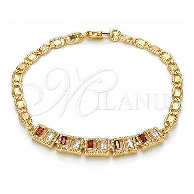 Oro Laminado Fancy Bracelet, Gold Filled Style Baguette Design, with Garnet and White Cubic Zirconia, Polished, Golden Finish, 03.63.1995.1.08 (04 MM Thickness, 8 Inches Length)