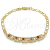 Oro Laminado Fancy Bracelet, Gold Filled Style Baguette Design, with Garnet and White Cubic Zirconia, Polished, Golden Finish, 03.63.1995.1.08 (04 MM Thickness, 8 Inches Length)