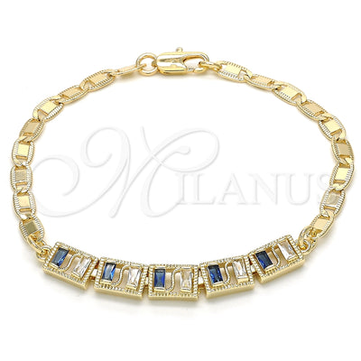 Oro Laminado Fancy Bracelet, Gold Filled Style Baguette Design, with Sapphire Blue and White Cubic Zirconia for wholesale, main product view