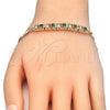 Oro Laminado Fancy Bracelet, Gold Filled Style Baguette Design, with Green and White Cubic Zirconia, Polished, Golden Finish, 03.63.1995.3.08 (04 MM Thickness, 8 Inches Length)