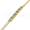 Oro Laminado Fancy Bracelet, Gold Filled Style Baguette Design, with Green and White Cubic Zirconia, Polished, Golden Finish, 03.63.1995.3.08 (04 MM Thickness, 8 Inches Length)