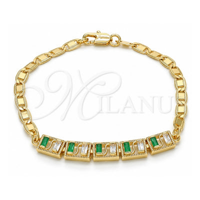 Oro Laminado Fancy Bracelet, Gold Filled Style Baguette Design, with Green and White Cubic Zirconia, Polished, Golden Finish, 03.63.1995.3.08 (04 MM Thickness, 8 Inches Length)