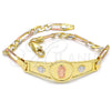 Oro Laminado Fancy Bracelet, Gold Filled Style Guadalupe and Flower Design, Polished, Tricolor, 03.253.0024.08 (05 MM Thickness, 8 Inches Length)