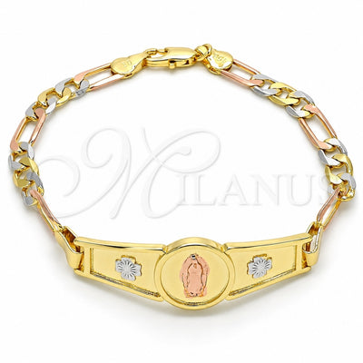 Oro Laminado Fancy Bracelet, Gold Filled Style Guadalupe and Flower Design, Polished, Tricolor, 03.253.0024.08 (05 MM Thickness, 8 Inches Length)