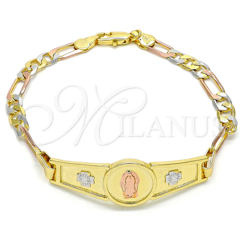 Oro Laminado Fancy Bracelet, Gold Filled Style Guadalupe and Flower Design, Polished, Tricolor, 03.253.0024.08 (05 MM Thickness, 8 Inches Length)
